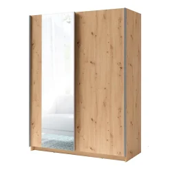 Armoire 2 portes coulissantes avec miroir - Collection GOZU - Coloris chene artisan - 150 x 198 x 62 cm