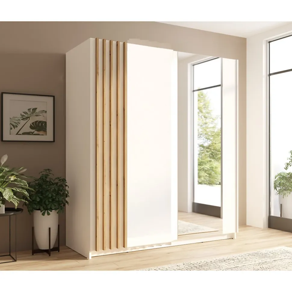Armoire 2 portes coulissantes 200 cm - blanc et chene - Collection VARIA