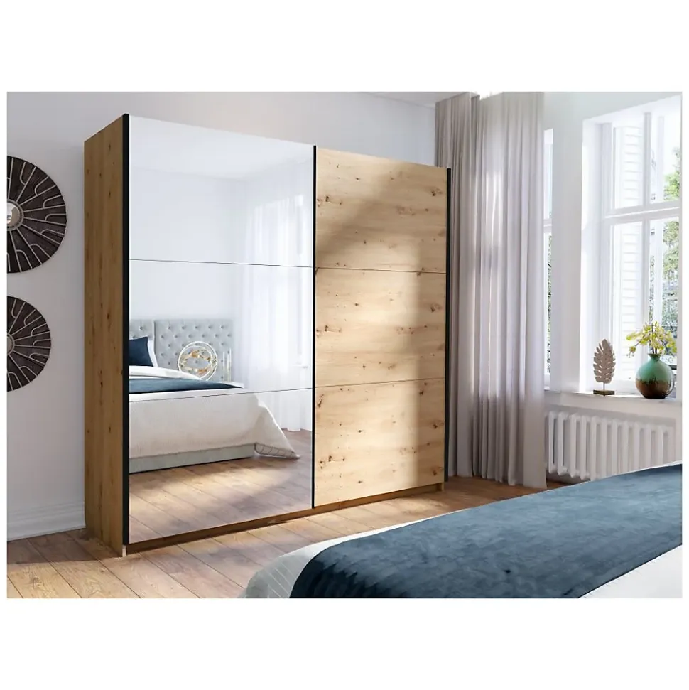 Armoire 2 portes coulissantes avec miroir - coloris chene - 200x207x62 cm - collection ARSALA