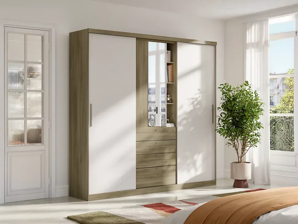 Armoire 2 portes coulissantes - Miroir et tiroirs - L240cm - Coloris : Naturel et ivoire - BODIL II
