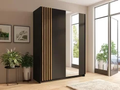 Armoire 2 portes coulissantes - Avec miroir - L150 cm - Noir et naturel - CALELA