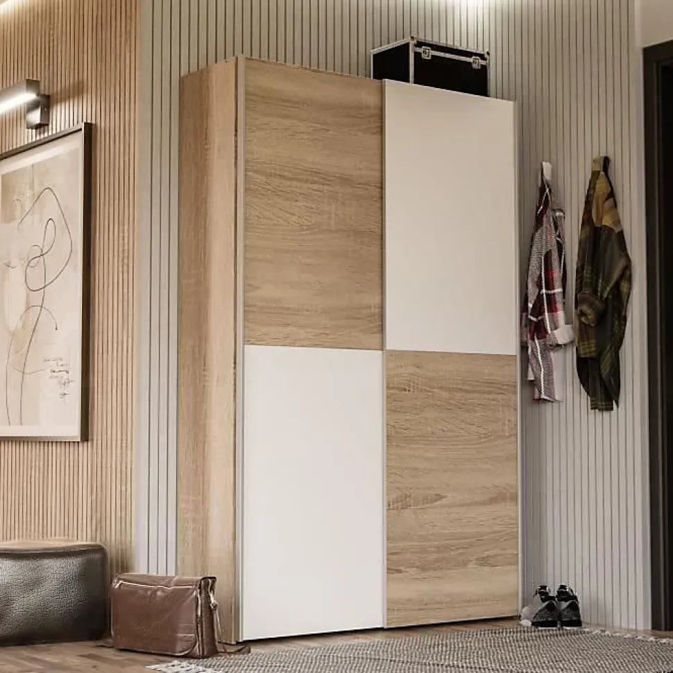 Armoire 2 portes coulissantes OZZULA blanc et chene clair L120 P41,6 H190,5 cm