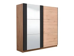 Armoire 2 portes coulissantes PHILADELPHIE - Avec Miroir - L.217cm - Coloris : chêne et noir