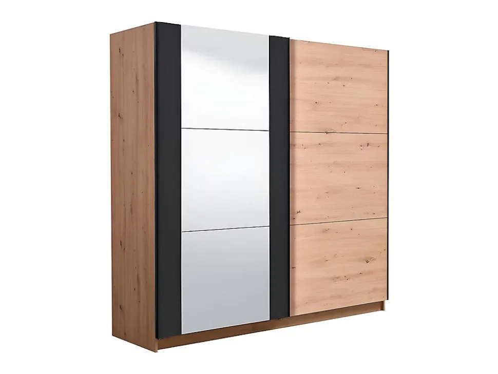 Armoire 2 portes coulissantes PHILADELPHIE - Avec Miroir - L.217cm - Coloris : chêne et noir