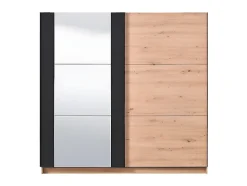 Armoire 2 portes coulissantes PHILADELPHIE - Avec Miroir - L.217cm - Coloris : chêne et noir