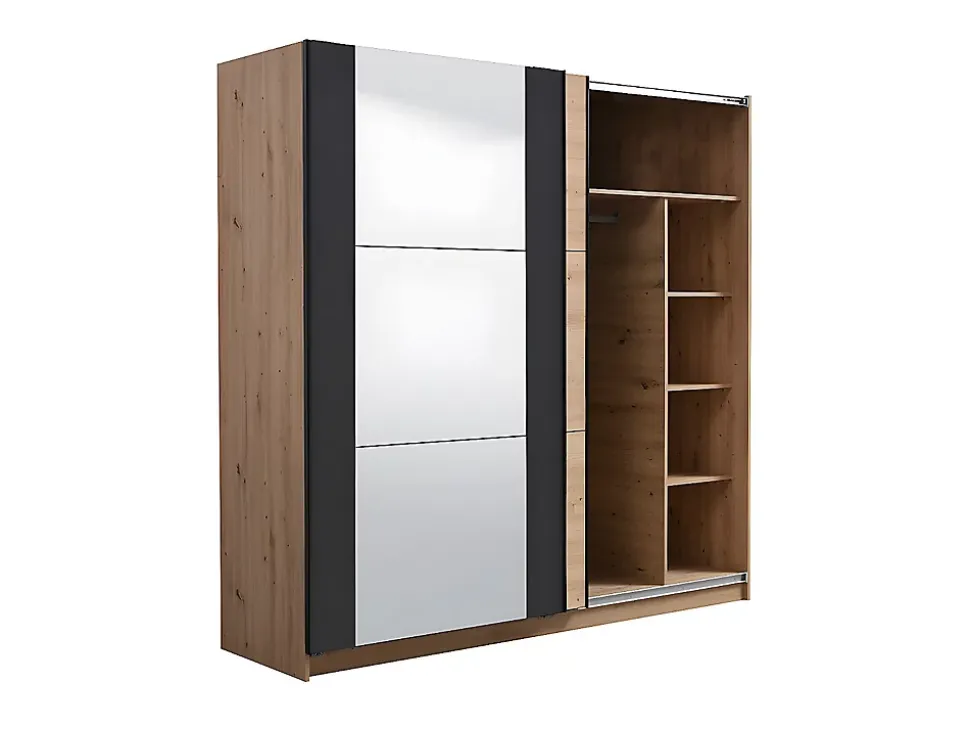 Armoire 2 portes coulissantes PHILADELPHIE - Avec Miroir - L.217cm - Coloris : chêne et noir
