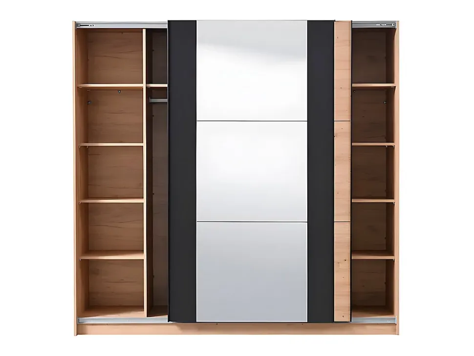 Armoire 2 portes coulissantes PHILADELPHIE - Avec Miroir - L.217cm - Coloris : chêne et noir