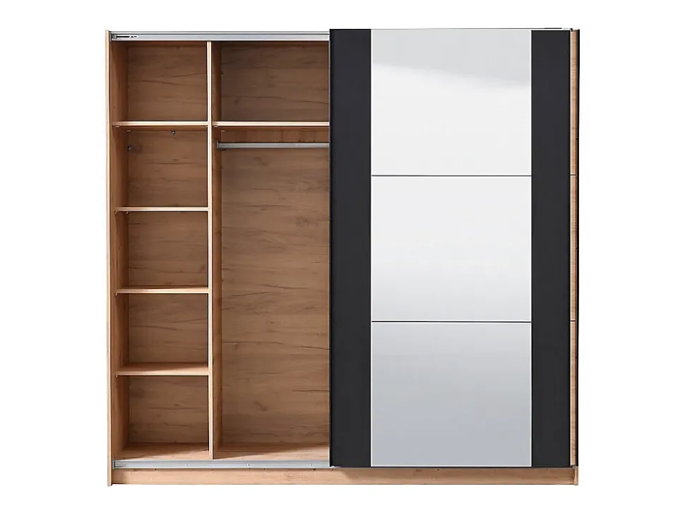 Armoire 2 portes coulissantes PHILADELPHIE - Avec Miroir - L.217cm - Coloris : chêne et noir