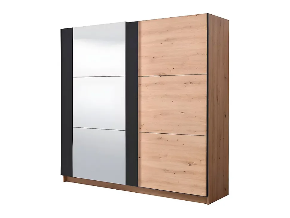 Armoire 2 portes coulissantes PHILADELPHIE - Avec Miroir - L.217cm - Coloris : chêne et noir