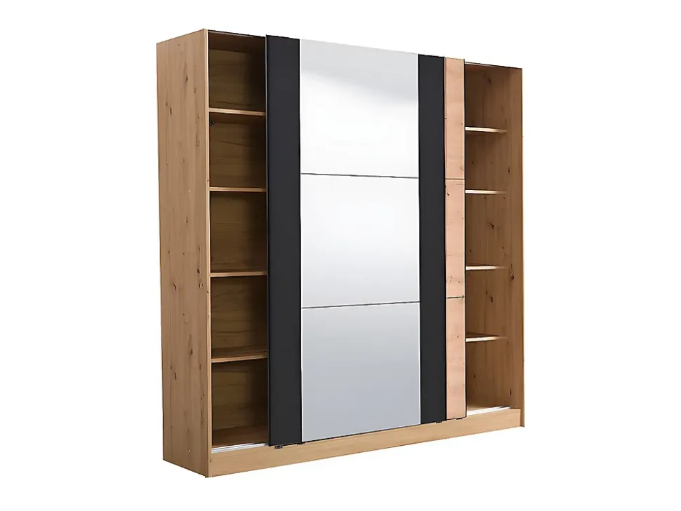 Armoire 2 portes coulissantes PHILADELPHIE - Avec Miroir - L.217cm - Coloris : chêne et noir
