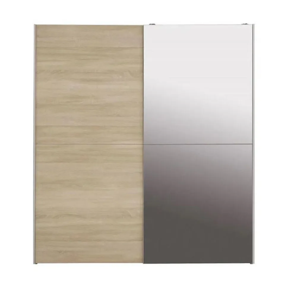 Armoire 2 portes coulissantes 5 tablettes décor bois et miroir - JEIK
