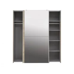 Armoire 2 portes coulissantes 5 tablettes décor bois et miroir - JEIK