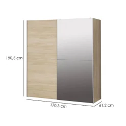 Armoire 2 portes coulissantes 5 tablettes décor bois et miroir - JEIK