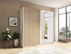 Armoire 2 portes coulissantes - Avec miroir - L200 cm - Blanc et naturel - TINDANIA