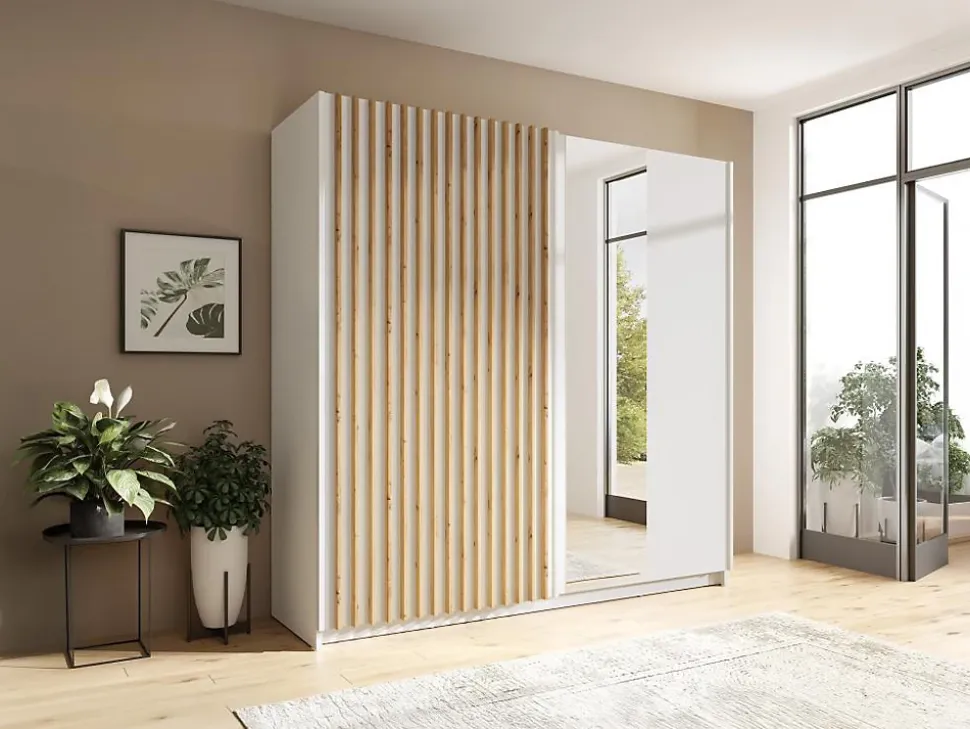 Armoire 2 portes coulissantes - Avec miroir - L200 cm - Blanc et naturel - TINDANIA