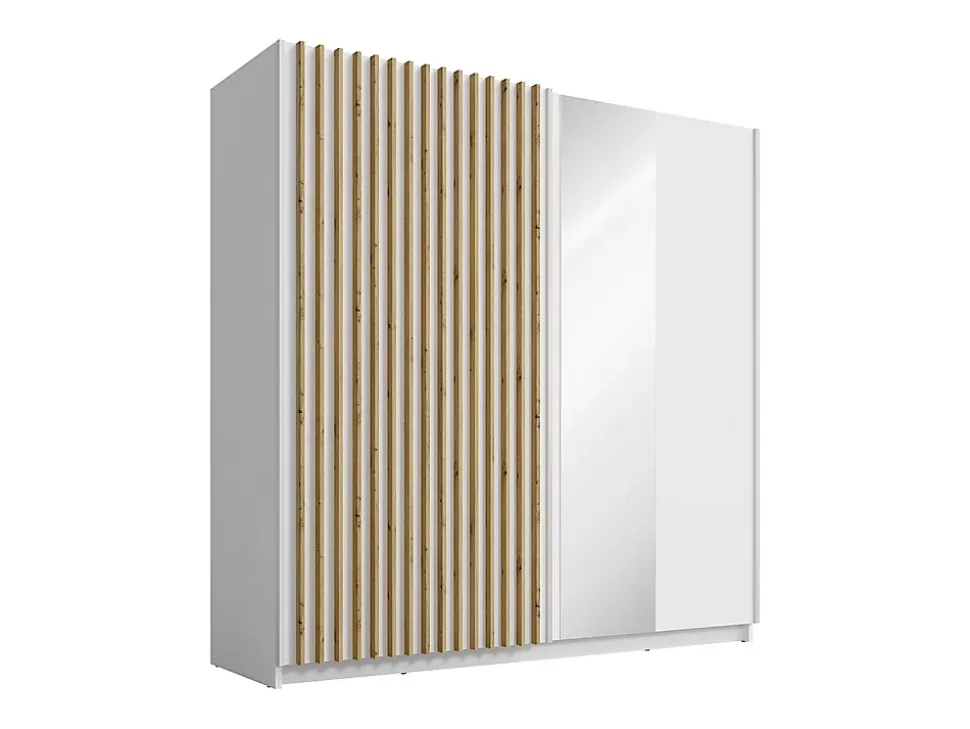 Armoire 2 portes coulissantes - Avec miroir - L200 cm - Blanc et naturel - TINDANIA