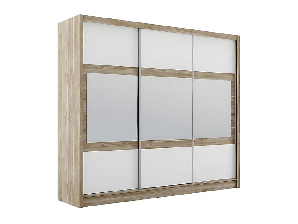 Armoire 3 portes coulissantes - Avec miroir - L250 cm - Coloris : Naturel et blanc - LEOVIA
