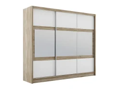 Armoire 3 portes coulissantes - Avec miroir - L250 cm - Coloris : Naturel et blanc - LEOVIA