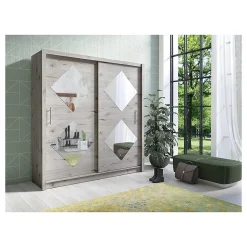 Armoire 2 portes coulissantes 205 cm avec 4 miroirs carrés - chene Wellington - Collection OZZULA