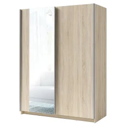 Armoire 2 portes coulissantes avec miroir - Collection GOZU - Coloris chene sonoma - 150 x 198 x 62 cm