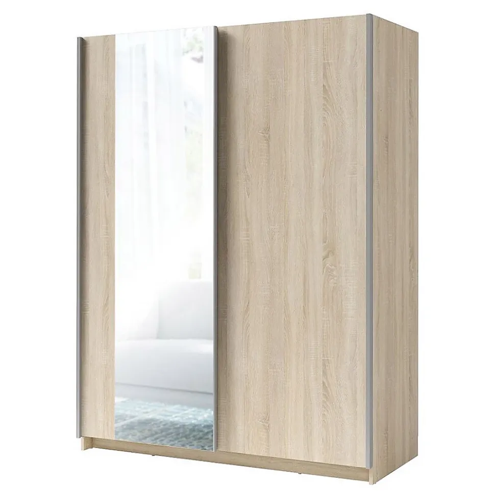 Armoire 2 portes coulissantes avec miroir - Collection GOZU - Coloris chene sonoma - 150 x 198 x 62 cm