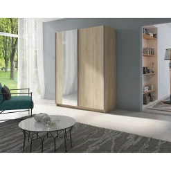 Armoire 2 portes coulissantes avec miroir - Collection GOZU - Coloris chene sonoma - 150 x 198 x 62 cm