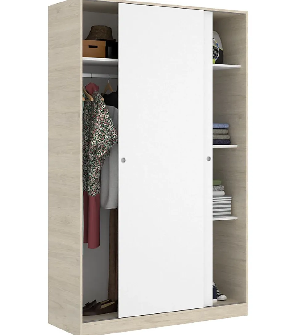 Armoire à portes coulissantes coloris naturel/blanc brillant - Longueur 120 x Profondeur 50 x Hauteur 204 cm
