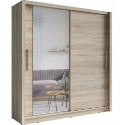 Armoire 2 portes coulissantes avec miroir 155 cm - chene clair - Collection OZZULA