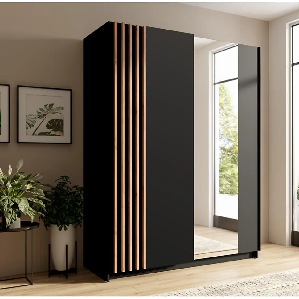 Armoire 2 portes coulissantes 150 cm - noir et chene - Collection VARIA
