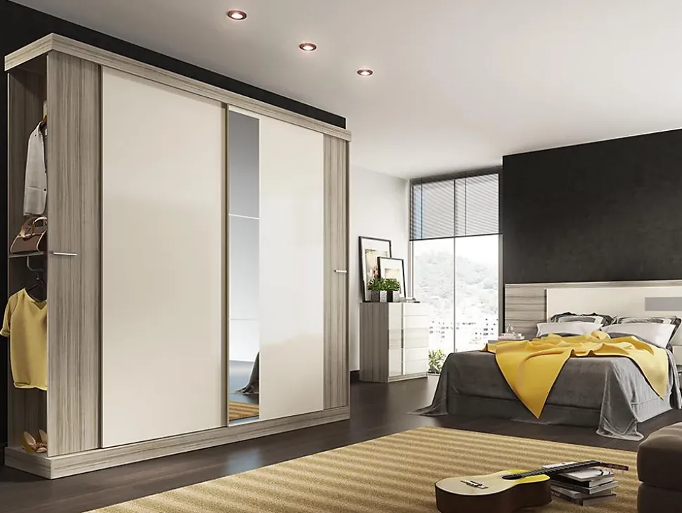 Armoire 2 portes coulissantes - Avec miroir - L231cm - Coloris : Naturel et ivoire - ADALRIK II