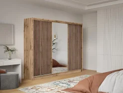 Armoire 3 portes coulissantes - Avec miroir - L250 cm - Coloris : Naturel et noir - CALOWI