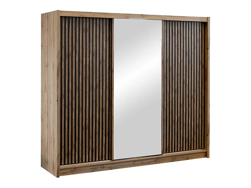 Armoire 3 portes coulissantes - Avec miroir - L250 cm - Coloris : Naturel et noir - CALOWI