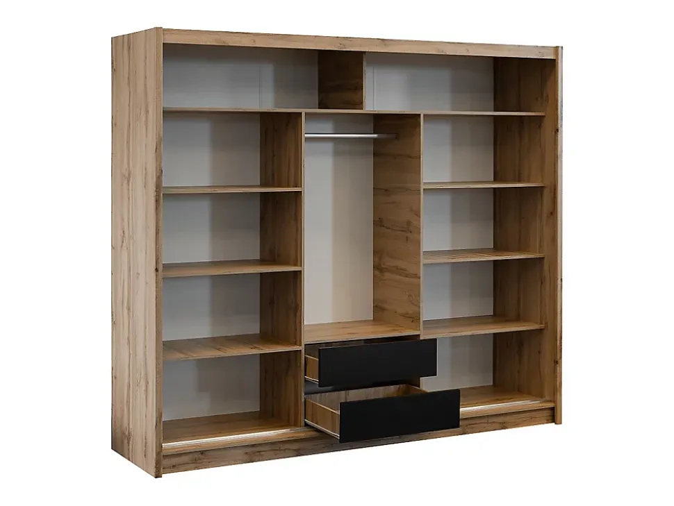 Armoire 3 portes coulissantes - Avec miroir - L250 cm - Coloris : Naturel et noir - CALOWI