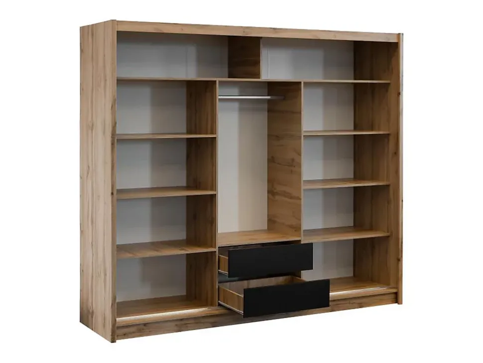 Armoire 3 portes coulissantes - Avec miroir - L250 cm - Coloris : Naturel et noir - CALOWI
