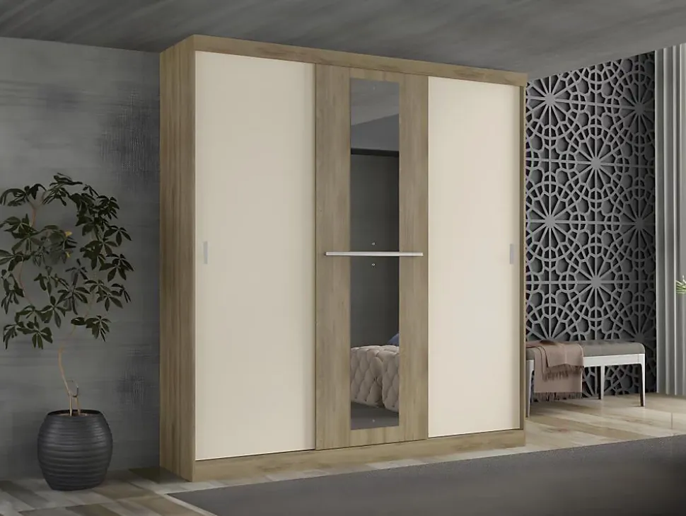 Armoire 3 portes coulissantes - Avec miroir - L205 cm - Naturel et beige - DIDDA II