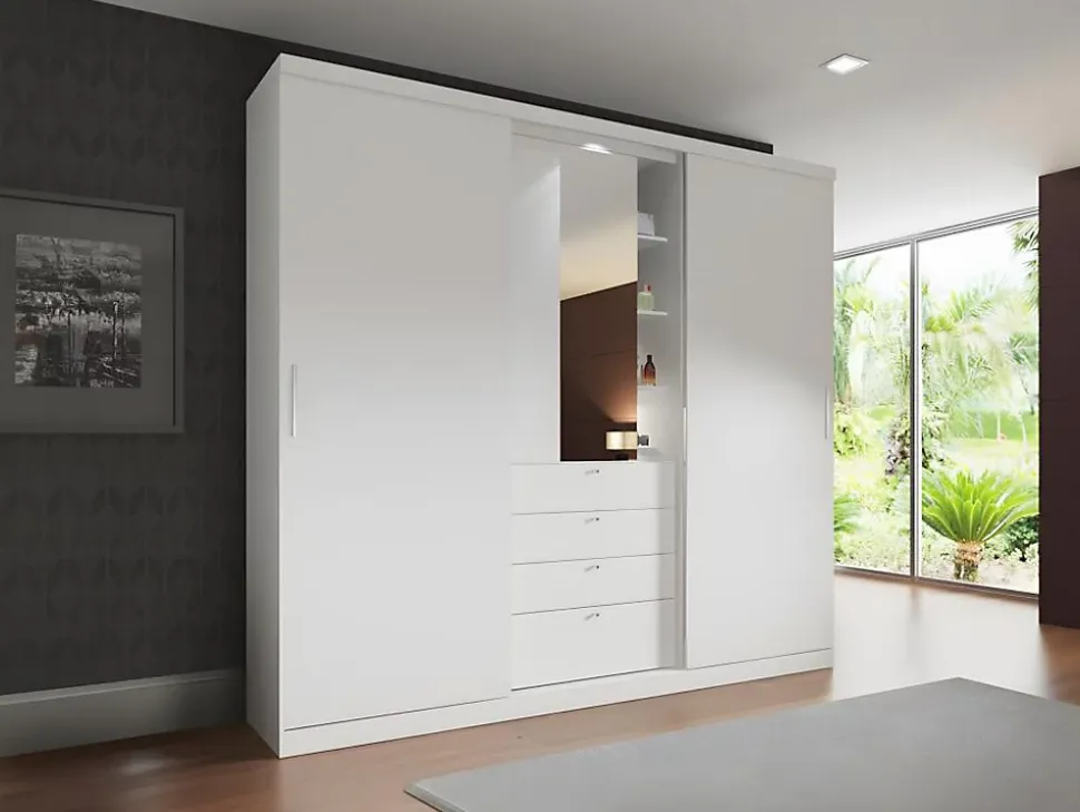Armoire 2 portes coulissantes - Miroir et tiroirs - L240cm - Coloris : Blanc - BODIL