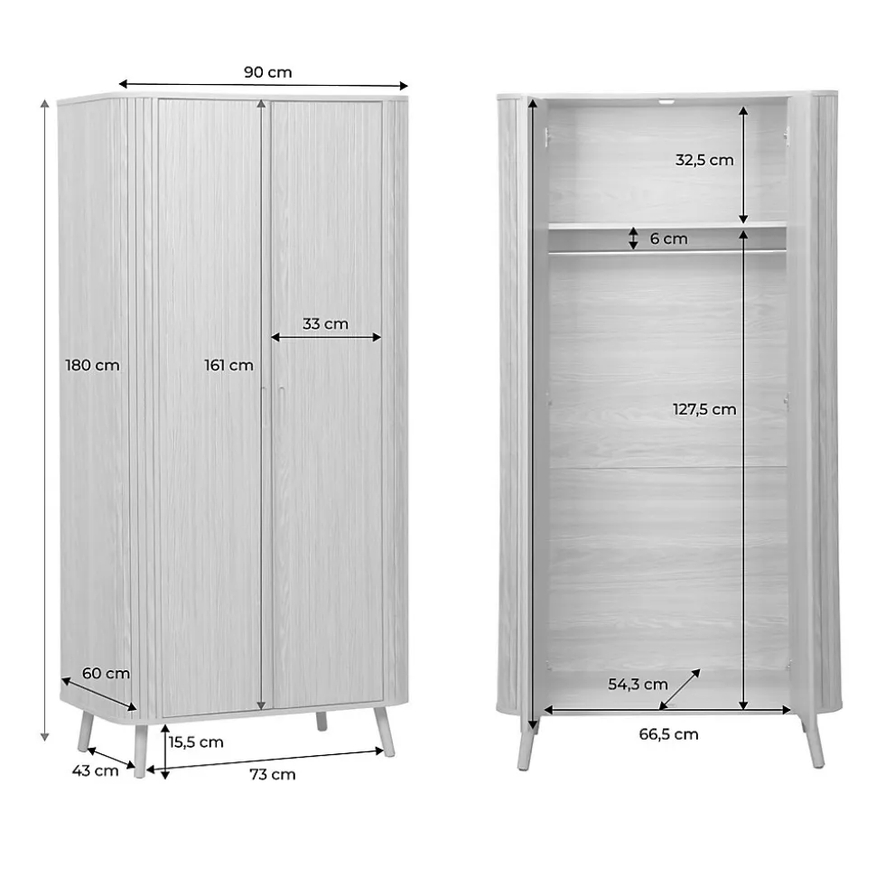 Armoire 2 portes décor bois rainuré avec étagère et penderie. L 90 x P 60 x H 180cm