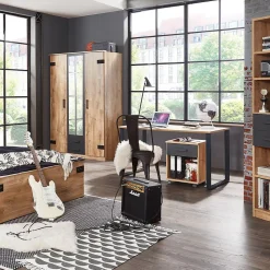 Armoire 2 portes décor chêne 1 porte miroir et 2 tiroirs - H198 cm