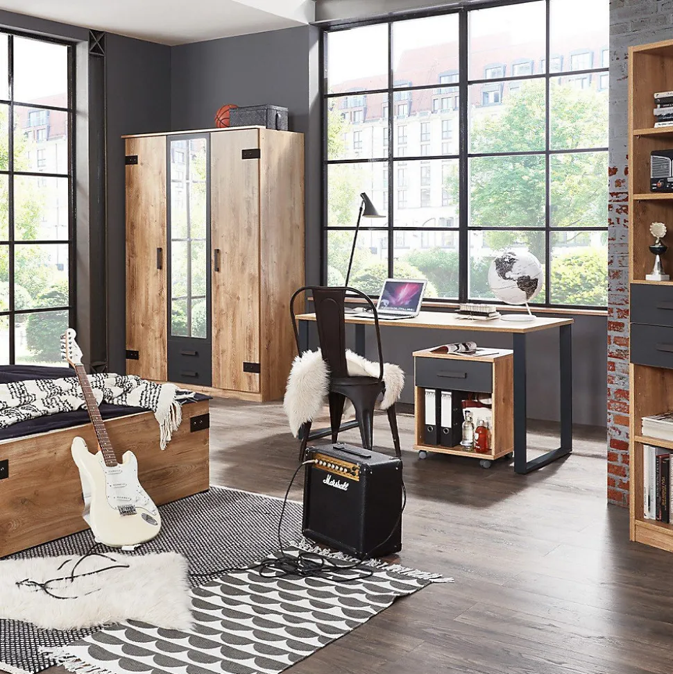Armoire 2 portes décor chêne 1 porte miroir et 2 tiroirs - H198 cm