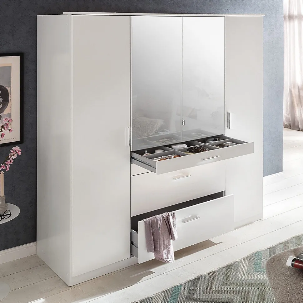 Armoire 4 portes dont 1 miroir, 4 tiroirs - L180 cm