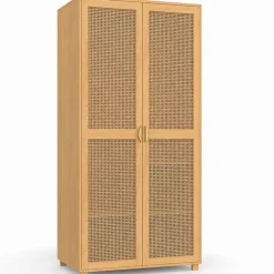 Armoire 2 portes EDHEN bois et cannage penderie 80 cm avec étagères rangement