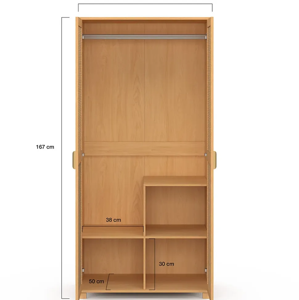 Armoire 2 portes EDHEN bois et cannage penderie 80 cm avec étagères rangement