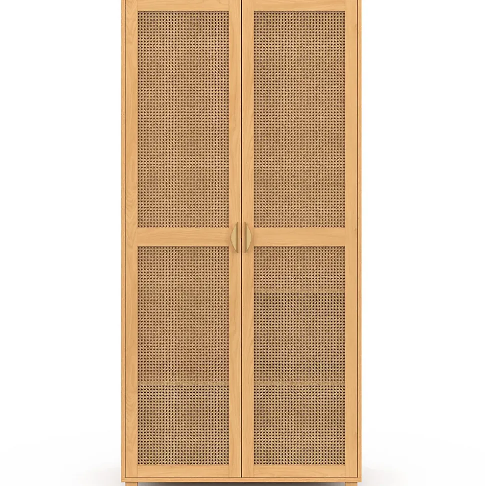 Armoire 2 portes EDHEN bois et cannage penderie 80 cm avec étagères rangement