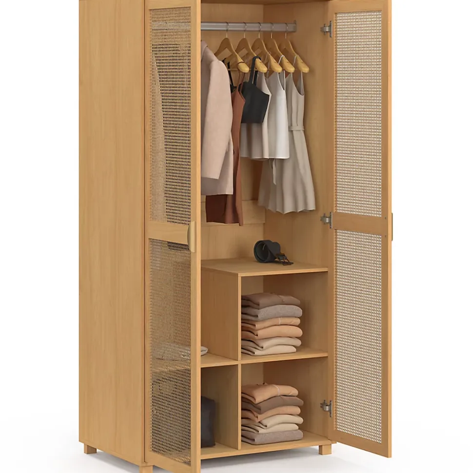 Armoire 2 portes EDHEN bois et cannage penderie 80 cm avec étagères rangement