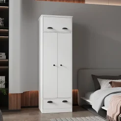 Armoire 2 portes en mélamine, avec tiroir à rail métallique, 178.99 cm X 59.20 cm X 50.01 cm , Blanc