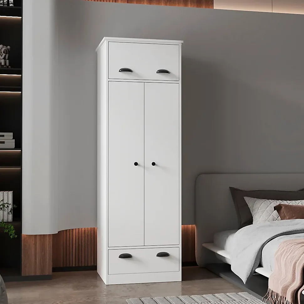 Armoire 2 portes en mélamine, avec tiroir à rail métallique, 178.99 cm X 59.20 cm X 50.01 cm , Blanc