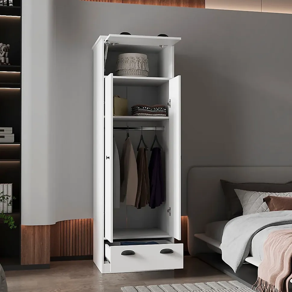 Armoire 2 portes en mélamine, avec tiroir à rail métallique, 178.99 cm X 59.20 cm X 50.01 cm , Blanc