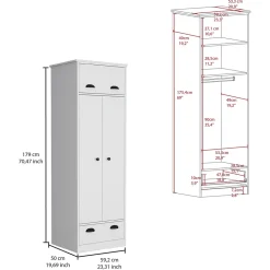Armoire 2 portes en mélamine, avec tiroir à rail métallique, 178.99 cm X 59.20 cm X 50.01 cm , Blanc