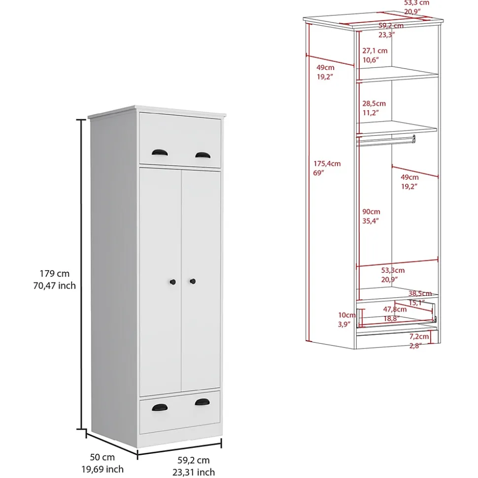 Armoire 2 portes en mélamine, avec tiroir à rail métallique, 178.99 cm X 59.20 cm X 50.01 cm , Blanc