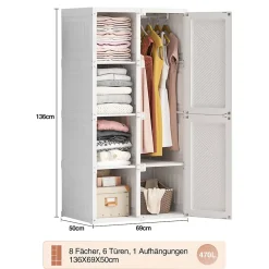 Armoire 2 portes et 3 étagères - Armoires penderies portables,69x50x136cm - blanc